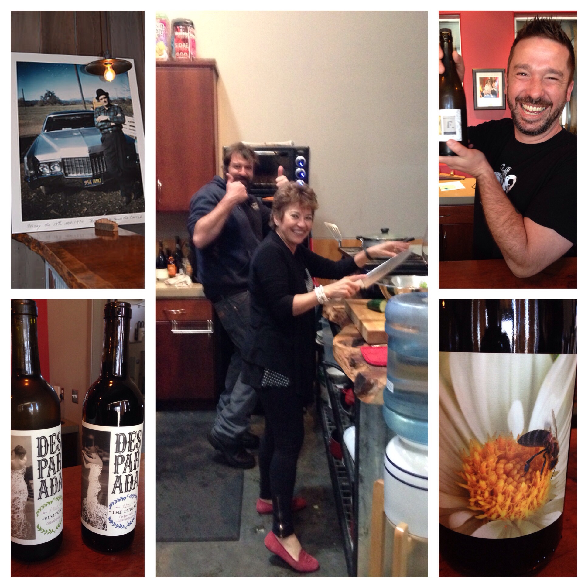 Clockwise L-R Grandpa Herman Story, RFP and Lesa Johnson cooking lunch, Chris starting the wine tasting, 2011 "Casual Encounters" GSM, Desparada 2012 "Visitor" Chardonnay & 2011 "The Purist" Cab