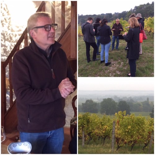 Winemaker Bruno Bilancini; Wine Scholar Guild study group led by Andrew Jefford; misty morning in Monbazillac