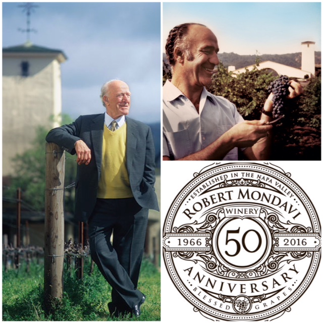 Robert Mondavi – happy in the vineyard (1966), and on top of his game (1990), for over four decades when most people would have retired or considered an encore career! The Winery’s 50th anniversary logo (2016)