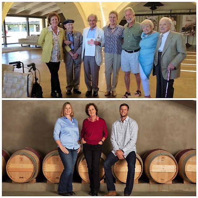 Top photo L-R: Genevieve Janssens (1997-present), Mike Grgich (1968-72), Warren Winiarski (1966-67), Zelma Long (enologist 1970-79); Tim Mondavi (1974-2004); Margrit Bievers Mondavi, and Peter Mondavi. (Source: Pinterest 100th birthday celebration lunch, 2013) Bottom photo L-R: Megan Schofield, Geneviève Janssens, Joe Harden